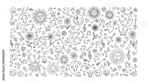 Joyful Doodles: A playful collection of hand-drawn doodles, stars, suns, moons, hearts, crowns, and smiley faces dance together, evoking happiness and whimsical wonder.