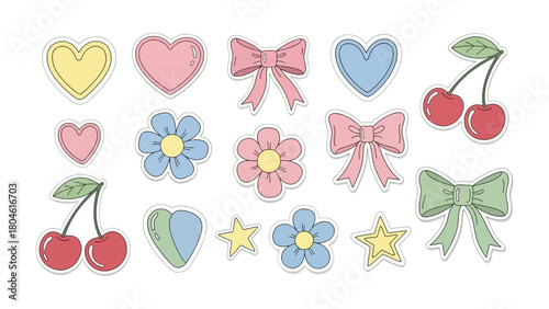 Whimsical Embellishments: An array of delightful hearts, bows, cherries, flowers, and stars in a soft, pastel palette, adding a touch of sweetness to any creative project.