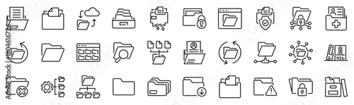Set of 30 outline icons related to folder. Linear icon collection. Editable stroke. Vector illustration