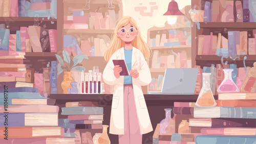 Warm and inspiring illustration of a young girl scientist surrounded by books and colorful laboratory tools celebrating academic curiosity and the International Day of Women and Girls in Science