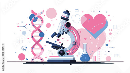 Colorful modern STEM icon illustration featuring microscope DNA strands atoms and hearts celebrating global empowerment for the International Day of Women and Girls in Science