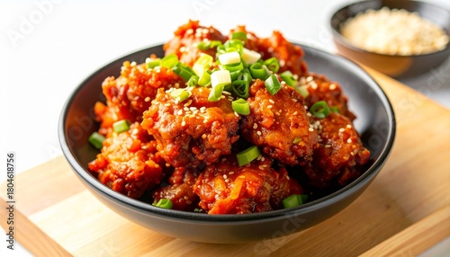 Close-up shot of Korean fried chicken in a black bowl, garnished with green onions.