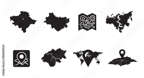 Collection of black and white vector illustrations of different maps and icons