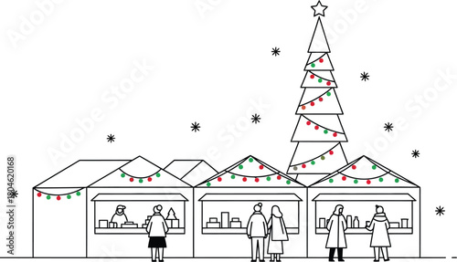 Christmas market holiday winter snow fair stalls shopping people festive tree