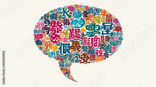 Modern colorful vector speech bubble filled with stylized world language characters celebrating International Mother Language Day and global communication.