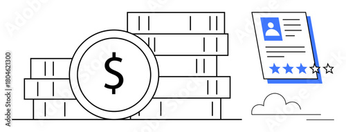 Stacked coins with dollar sign representing rewards or financial gains, alongside an employee evaluation document with star ratings. Ideal for salary, appraisal, finance, HR, teamwork, success