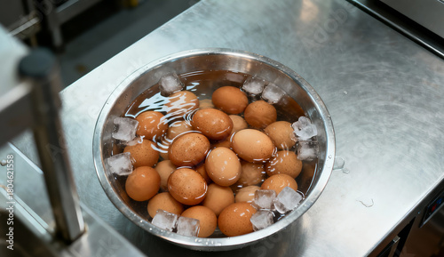 A stainless steel bowl of bolied eggs in a cold water and ice