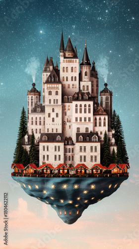 Christmas floating castle with glowing lights and festive houses under starry sky creates magical winter holiday atmosphere