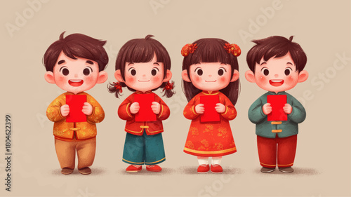 Adorable children in traditional outfits holding red envelopes during joyful Lunar New Year 2026 celebration in a bright festive vector scene.