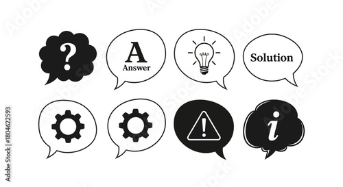 Conceptual illustration of problem solving and solutions with question mark answer lightbulb solution gears warning and information icons in speech bubbles