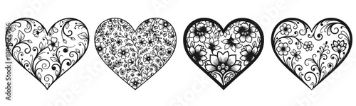 Black and white vector illustration of an abstract ornament pattern with heart shapes, ideal for a Valentine's Day romance card design