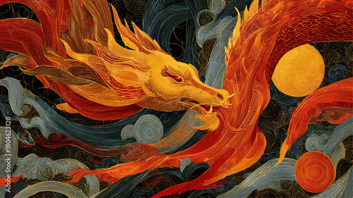 Majestic golden dragon surrounded by flowing fiery line art symbolizing strength and prosperity for the Lunar New Year 2026 celebration.