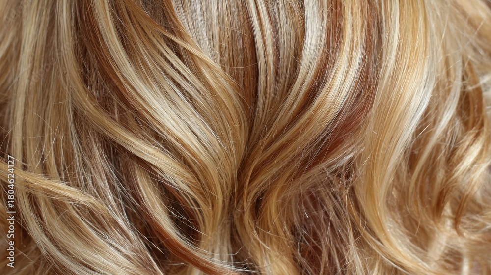 Naklejka premium Close-Up View of Luxurious Wavy Blonde Hair with Highlights Shining in Natural Light, Soft and Shimmering Tresses with Texture and Depth