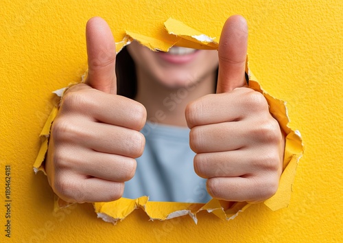 two thumbs up through a yellow paper hole, against a red background with a yellow and orange color theme