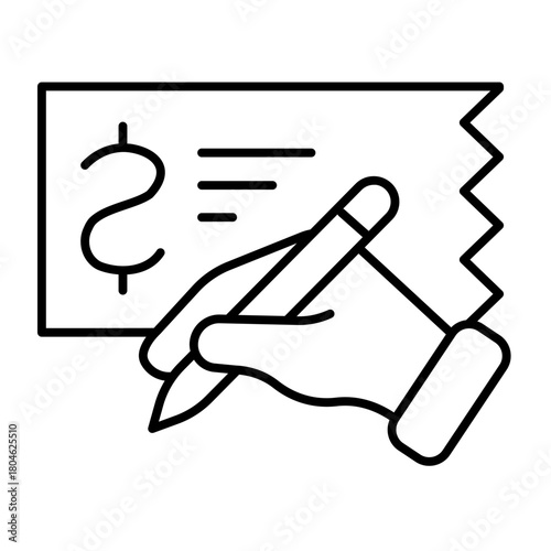 Check paper with dollar and hand with pen thin line icon, finance concept. Vector graphics. Financial bill, payment sign on white background, style icon mobile or web design.