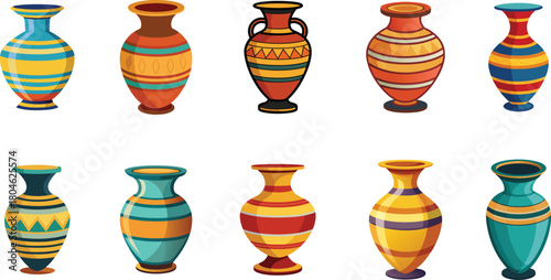 Assortment of Decorative Vases and Urns with Colorful Artistic Designs