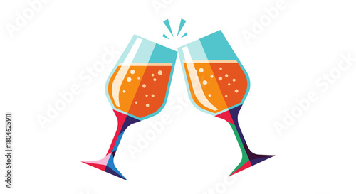 Two champagne glasses clinking in colorful celebration concept of Christmas and New Year  