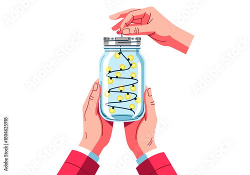 Hands putting LED string lights in a jar for Christmas and New Year  