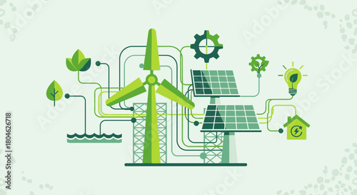Illustration depicting renewable energy sources, showcasing wind turbine and solar panels.
