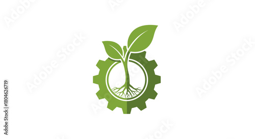 A green plant sprouting from a gear, symbolizing growth and industry integration.