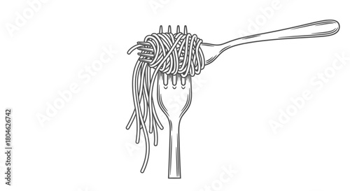 Two forks holding a tangled mass of spaghetti noodles, illustrated in black and white.
