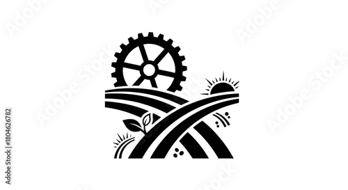 Graphic illustration showing agriculture with a gear, fields, sun, and plant, symbolizing technology and farming.