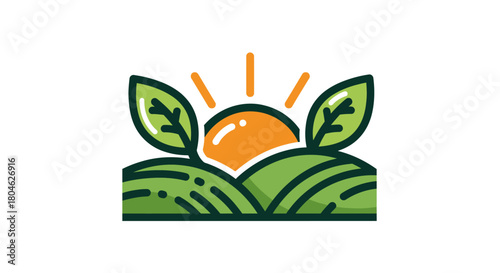Illustration of a sunrise over green hills with leaves, symbolizing nature or agriculture.