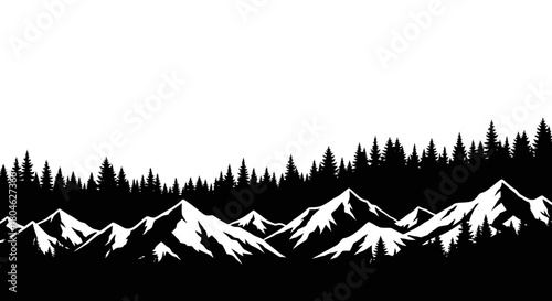 Black and white illustration of mountains and evergreen trees against a white sky.