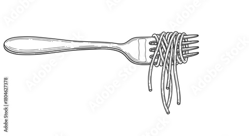 A drawing of spaghetti noodles wrapped around the tines of a fork, isolated on a white background.