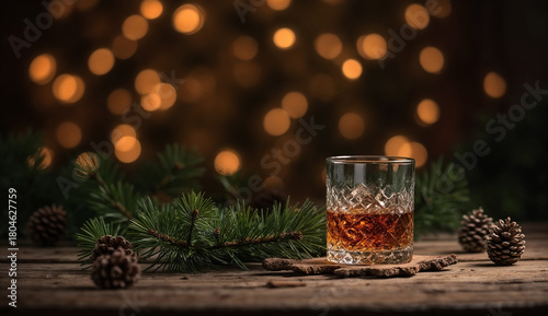 A glass of whiskey on a wooden table with fir branches and pinecones againts bokeh background.