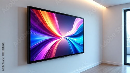 Modern smart TV displaying vibrant abstract visuals in minimalist room with copy space for advertising or digital signage on sleek wall mount for corporate presentation or marketing campaign
