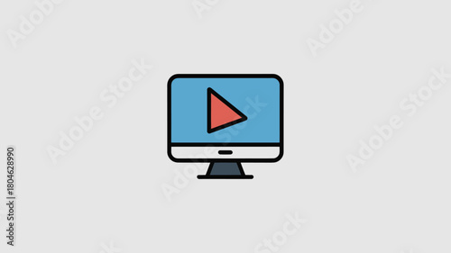 Computer monitor with play button icon simple flat vector illustration for video streaming or online content isolated on white background