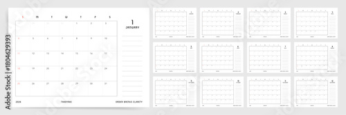 Calendar 2026 planner, Monthly Calendar layout for 2026 year with notes. Simple wall diary planner, Sunday start.
