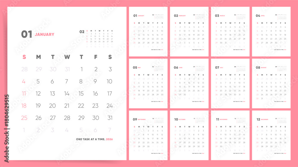 Naklejka premium Vertical Calendar 2026. One Task at a Time Calendar 2026. Minimal Pink Monthly Wall Planner, Sunday Start. 
