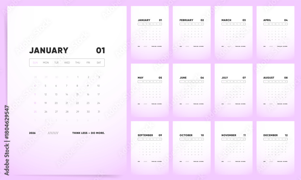 Naklejka premium Calendar 2026. Motto Calendar Think Less Do More 2026 Gradient Purple Minimal Wall Planner, Sunday Start. 