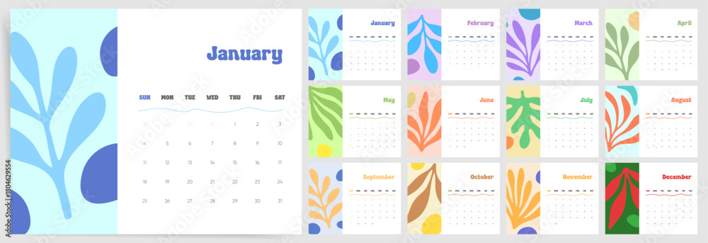 Obraz premium 2026 Calendar Template. Colorful abstract leaves 2026 calendar layout. Floral style wall diary planner calendar with botanical shapes and Sunday start.
