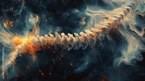 An illustration of a spinal column engulfed with energy, that could symbolize pain, or disease in general. Perfect for educational materials, articles, and healthcare promotions about it.