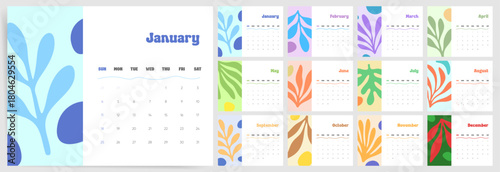 2026 Calendar Template. Colorful abstract leaves 2026 calendar layout. Floral style wall diary planner calendar with botanical shapes and Sunday start.
