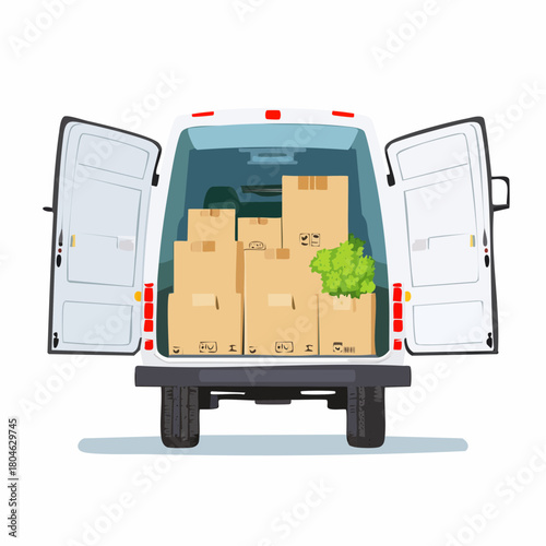 Chargement véhicule utilitaire, vue arrière portes ouvertes, remplis de cartons, colis, marchandises