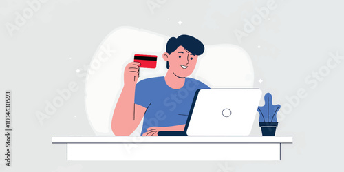 Man with Credit Card and Laptop for Online Shopping