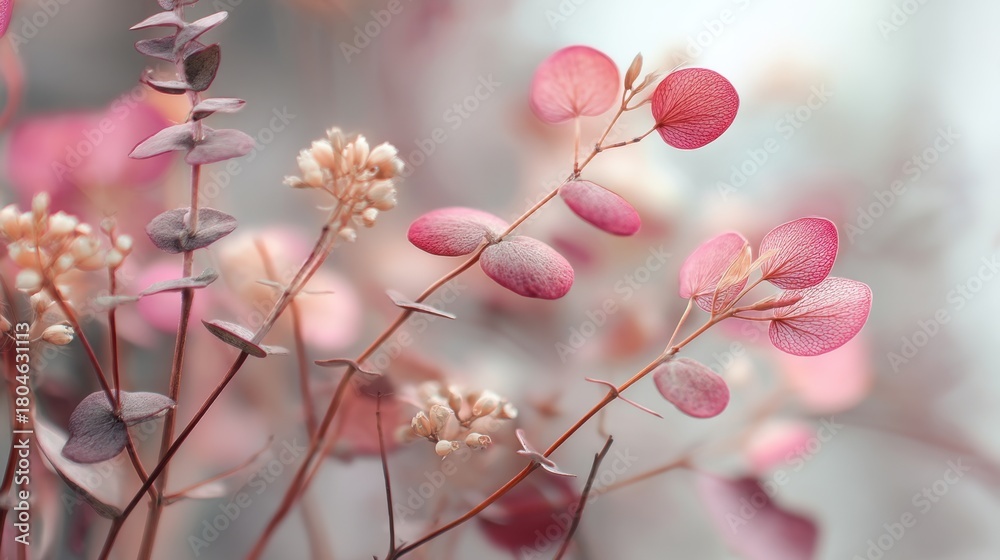 Fototapeta premium Beautiful Soft Pink and Red Leaves with Delicate Buds Set Against a Soft Background in a Dreamy and Serene Atmosphere