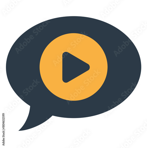 A dark blue speech bubble with a yellow play button inside