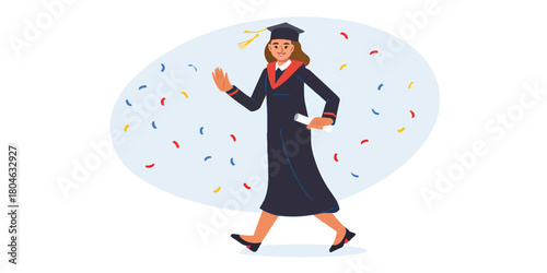 Joyful Female Graduate Student Celebrating Academic Achievement and Success with Diploma and Confetti