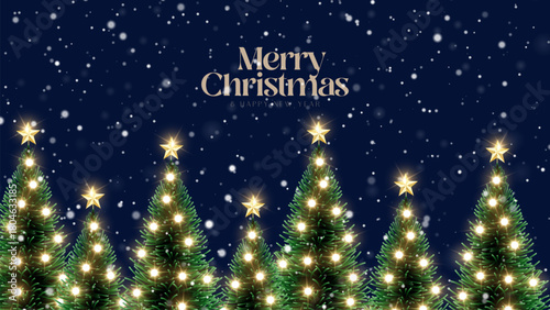  Merry Christmas decoration with christmas balls and bells with fir branches and Christmas lights background. Bright Christmas and New Year design holiday frame.