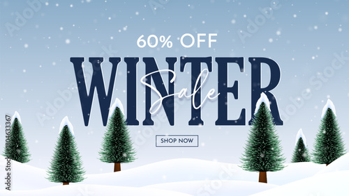 Winter sale unit template with snowflakes and trees with snow covered. Christmas special sale and offer unit with snowflakes and snowman.