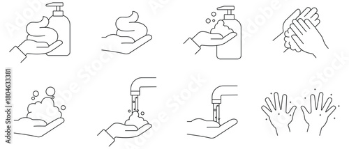 Hand washing line icons set. A set of linear icons for washing hands. Healthcare wash hands process icons. Cleaning, COVID-19, Bathroom, Bacterium and more. Vector illustration.