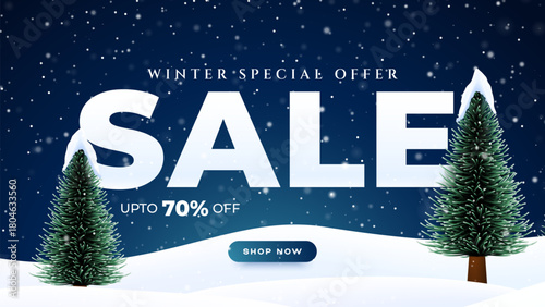 Winter sale unit template with snowflakes and trees with snow covered. Christmas special sale and offer unit with snowflakes and snowman.