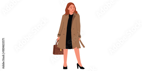 Elegant Flat Vector Illustration of a Stylish Woman in a Trench Coat and Black Dress with Handbag Posing