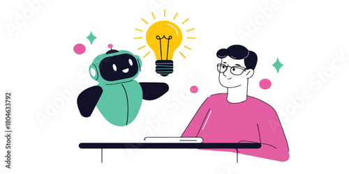 Robot and Person Illustration of AI Idea Generation
