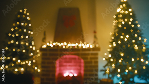 Christmas Trees Next to the Fireplace Out of Focus